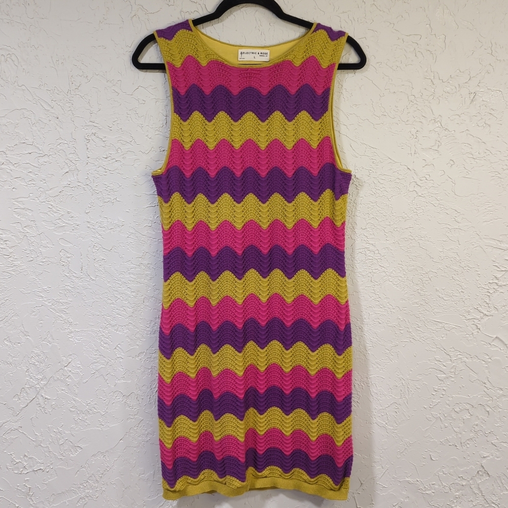 Electric & Rose Multicolor Crochet Zigzag Mini Dress  Women's Size Large Vibrant